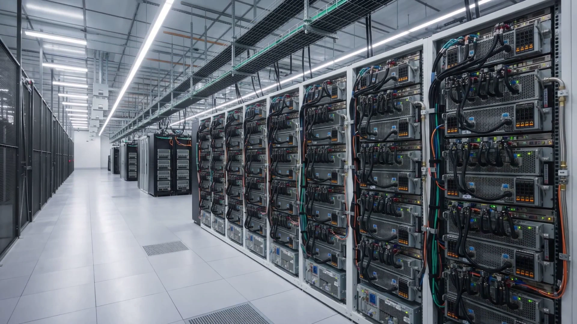 Centro de datos de IA con racks de GPU de alta densidad, cableado de red e infraestructura de refrigeración líquida.