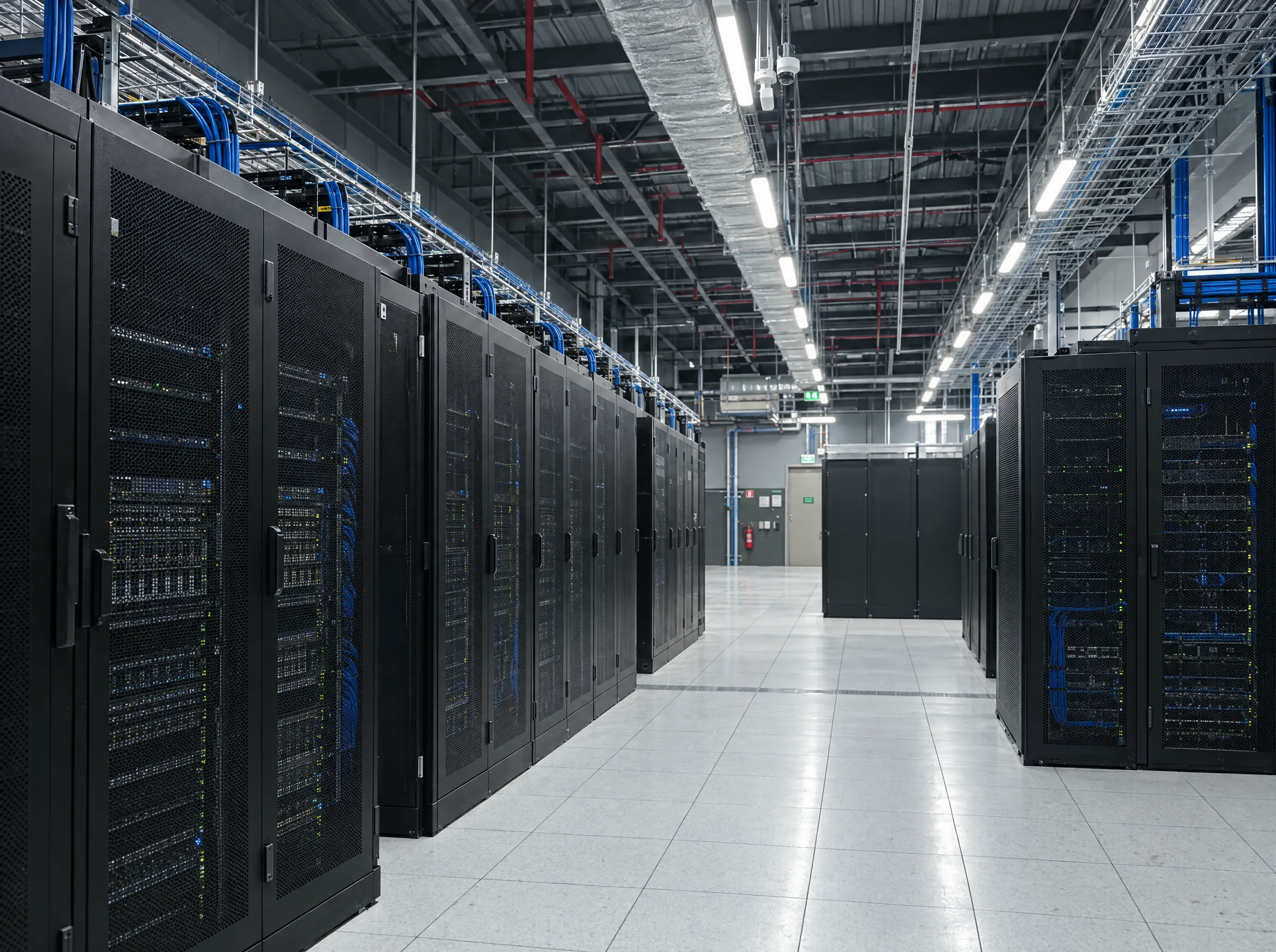 Rows of GPU server cabinets in a bright data-center hall with overhead cable trays.