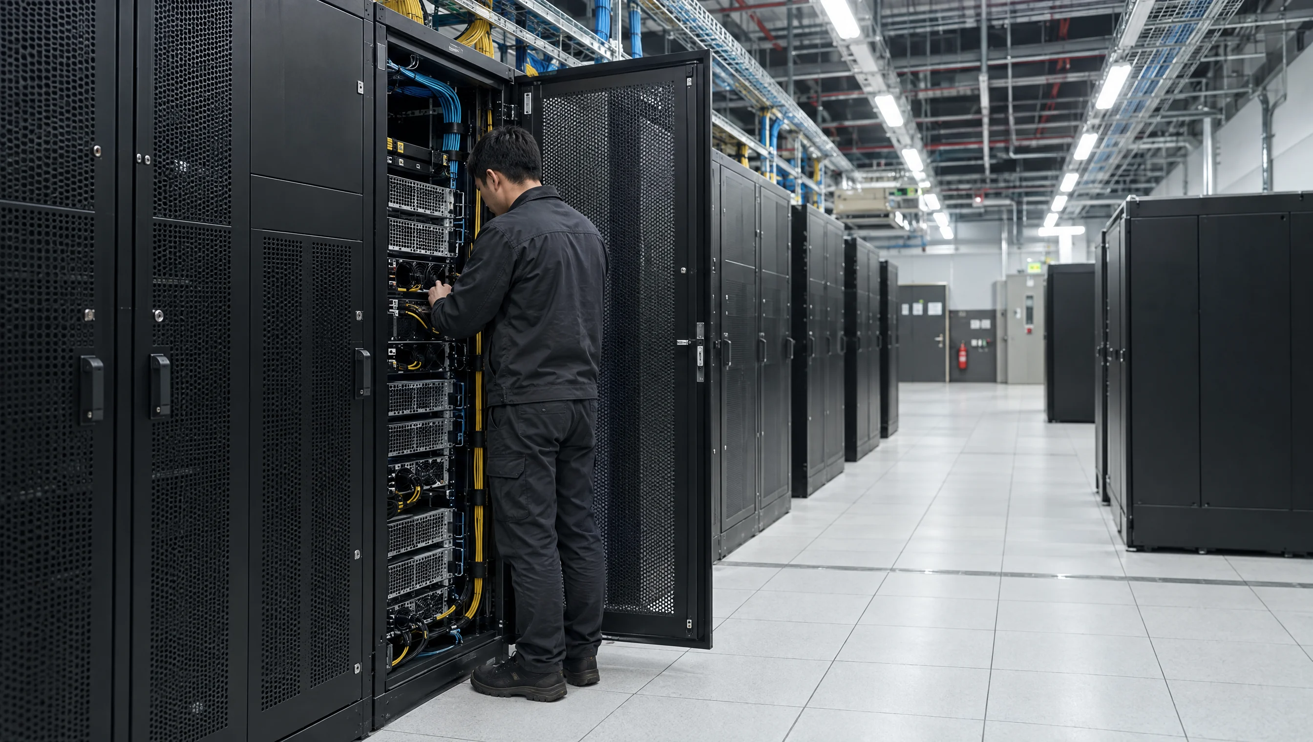 Representative photograph of a data-center technician inspecting an open GPU server cabinet.
