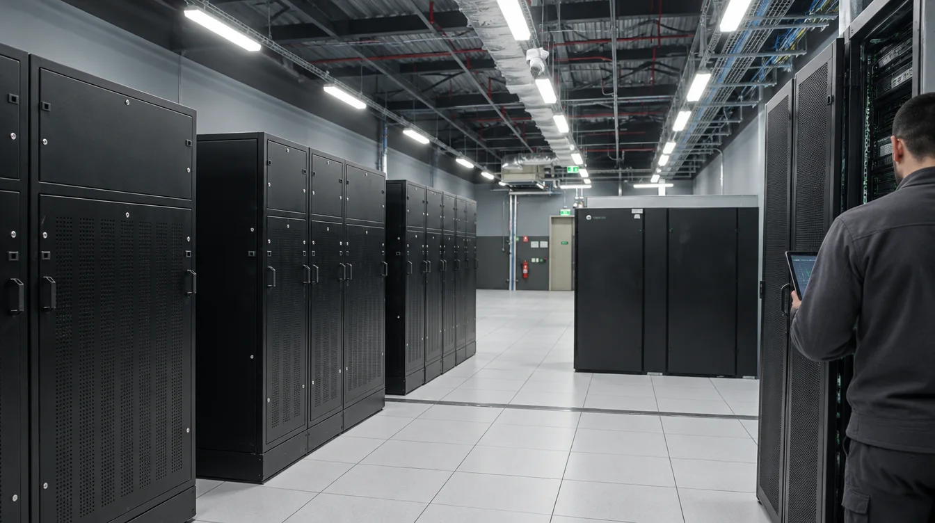 Engineer inspecting server racks inside a data center