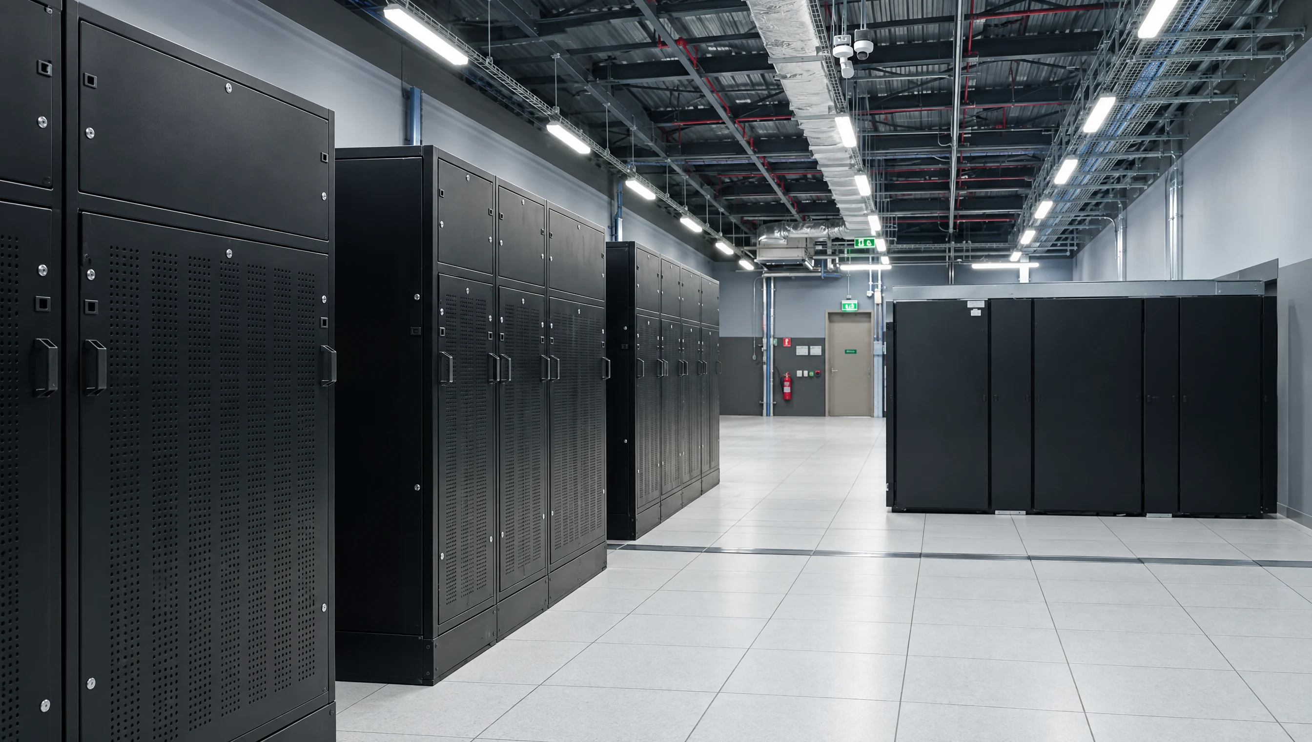 Vista amplia de un centro de datos de IA con gabinetes negros de servidores GPU y un pasillo operativo iluminado