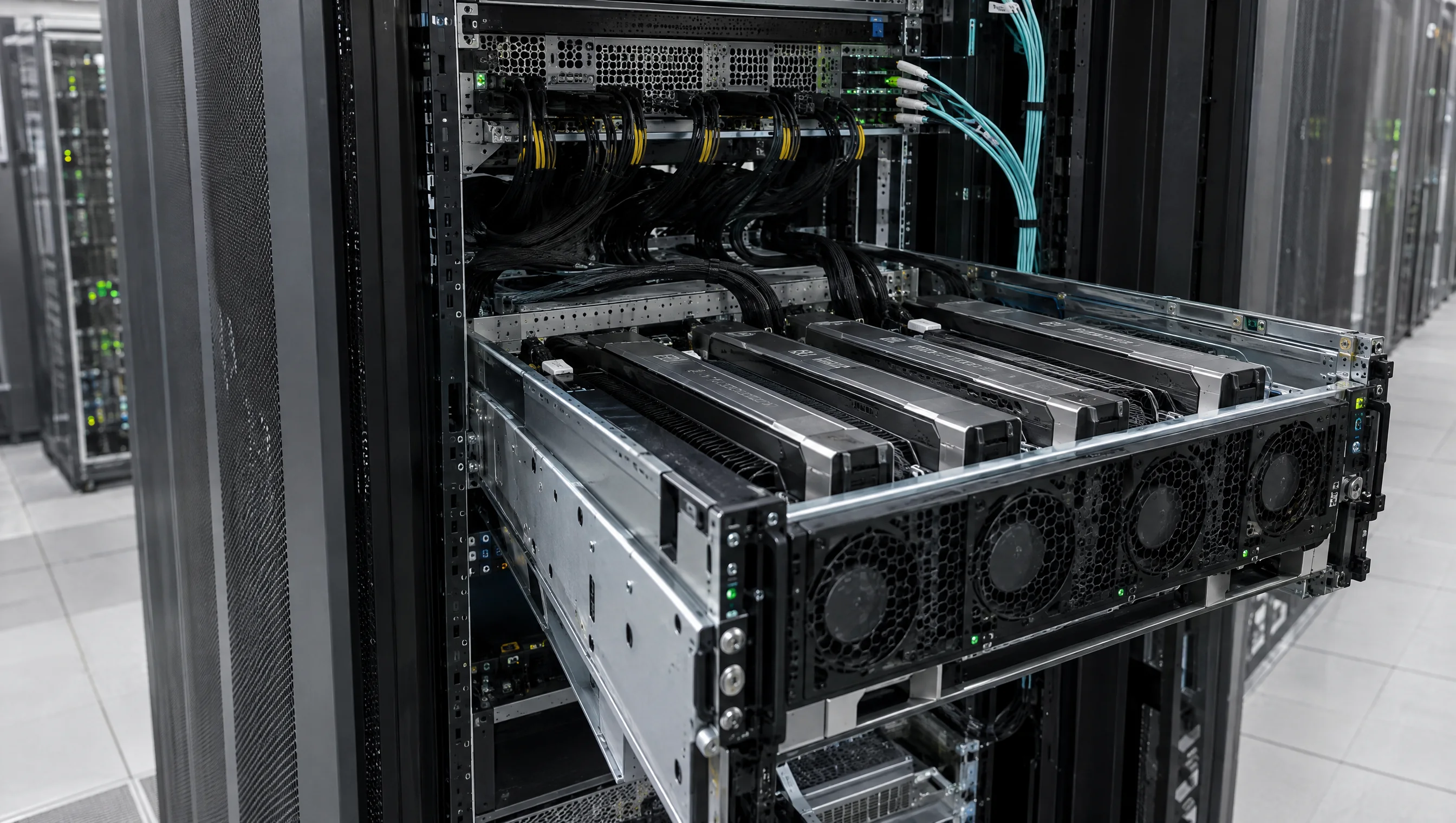 An open GPU server node installed in a data center rack, representative image.