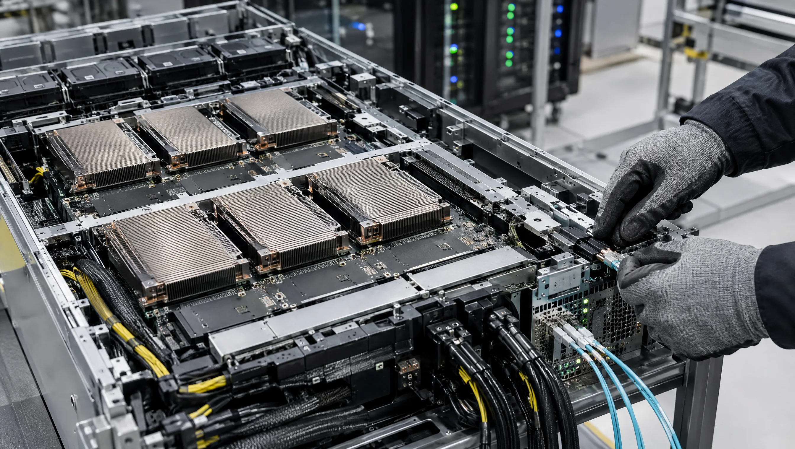 Open GPU server chassis with accelerator boards and fiber connections, representative image.
