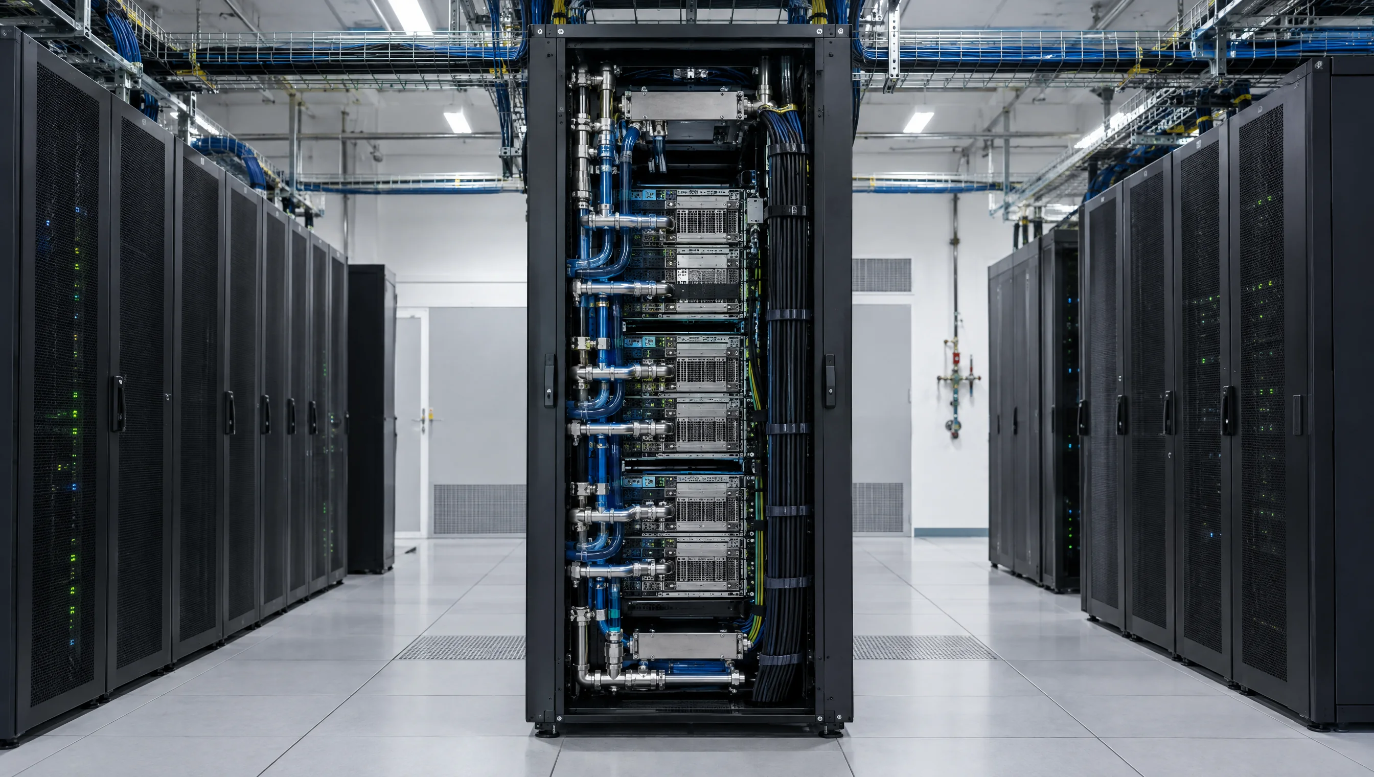 A tall liquid-cooled AI server rack inside a data center, representative image.