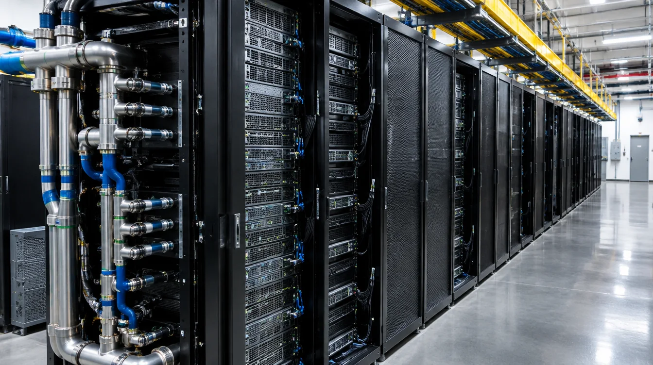 Rows of liquid-cooled AI compute cabinets in a data center, representative image.