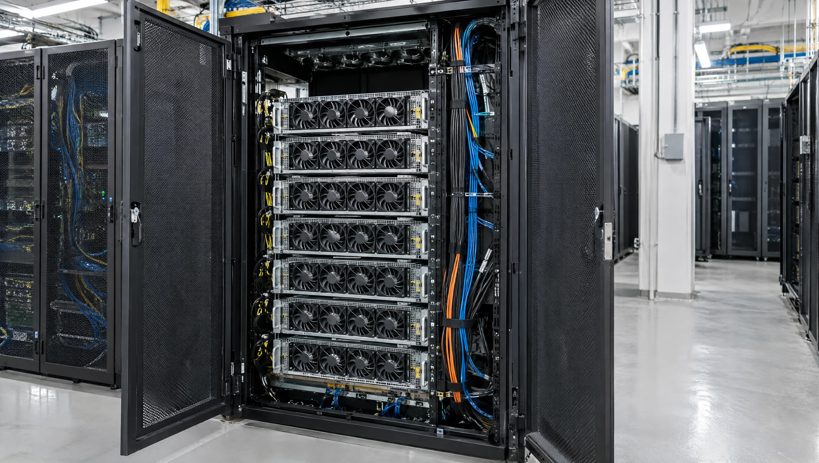 An air-cooled GPU server rack with visible server trays, representative image.