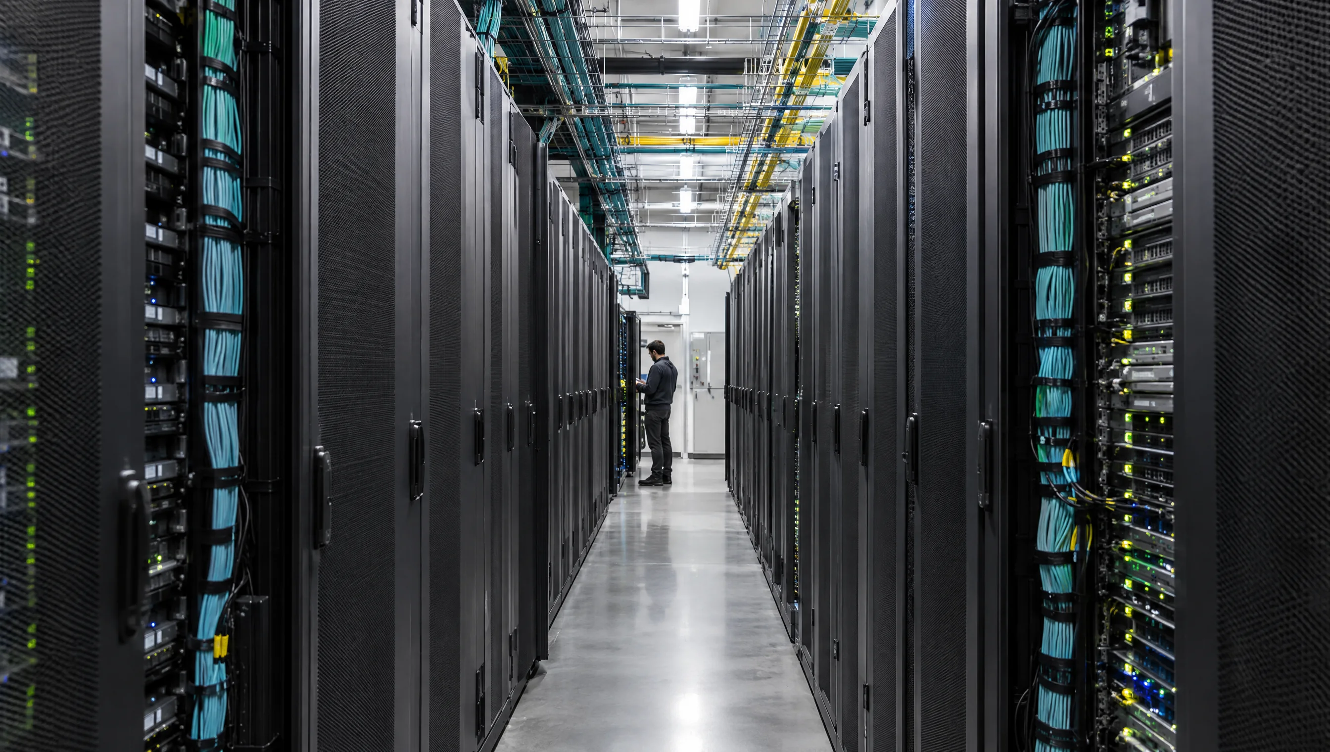 Technician inspecting GPU cluster racks in a data-center aisle, representative image.