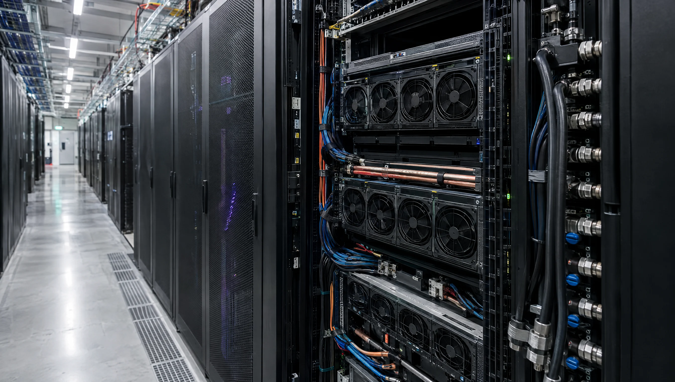 Detalle de un rack de servidores GPU con refrigeración y cables de datos en un centro de datos