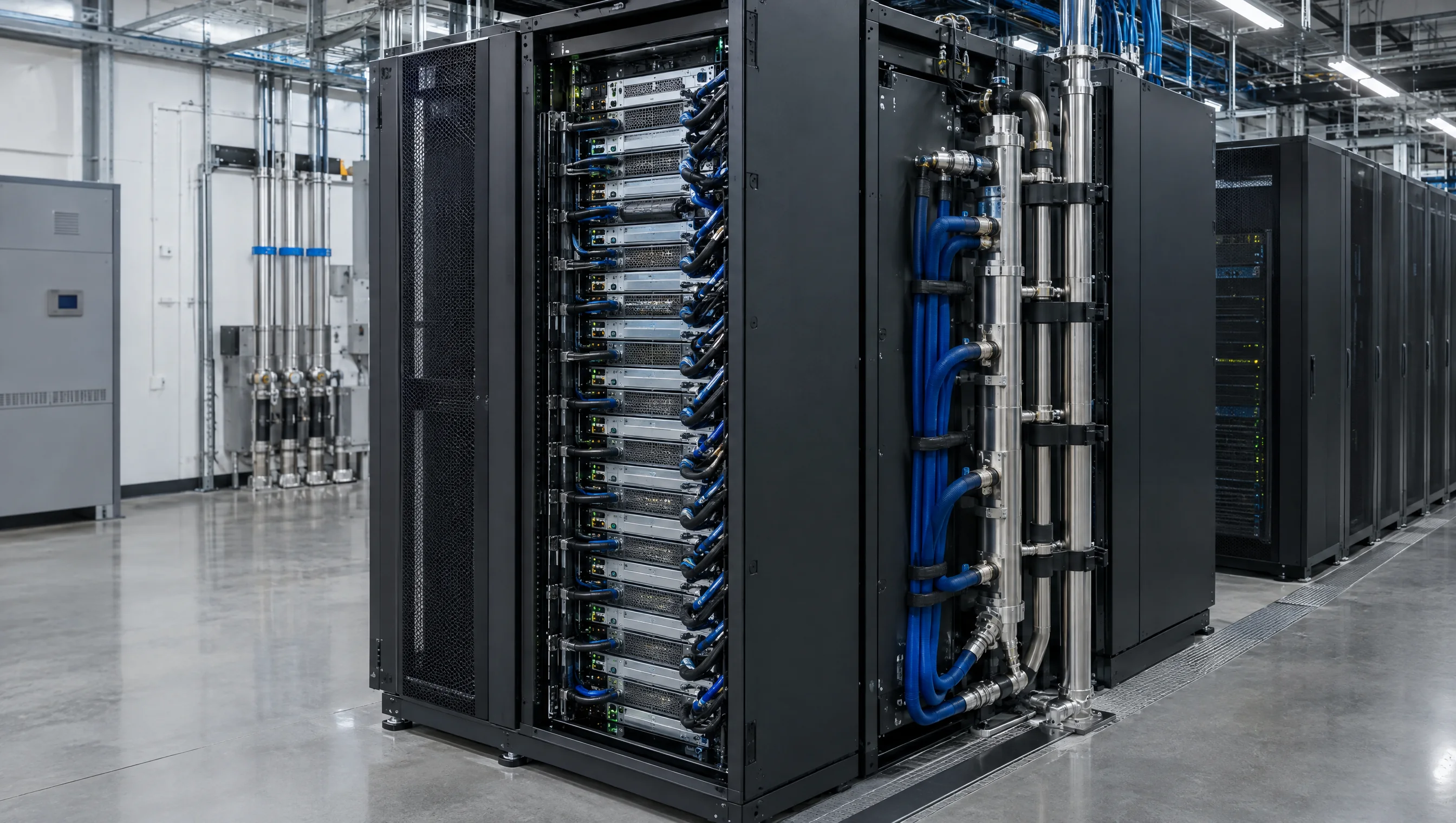 Liquid-cooled rack-scale AI system in a data center, representative image.