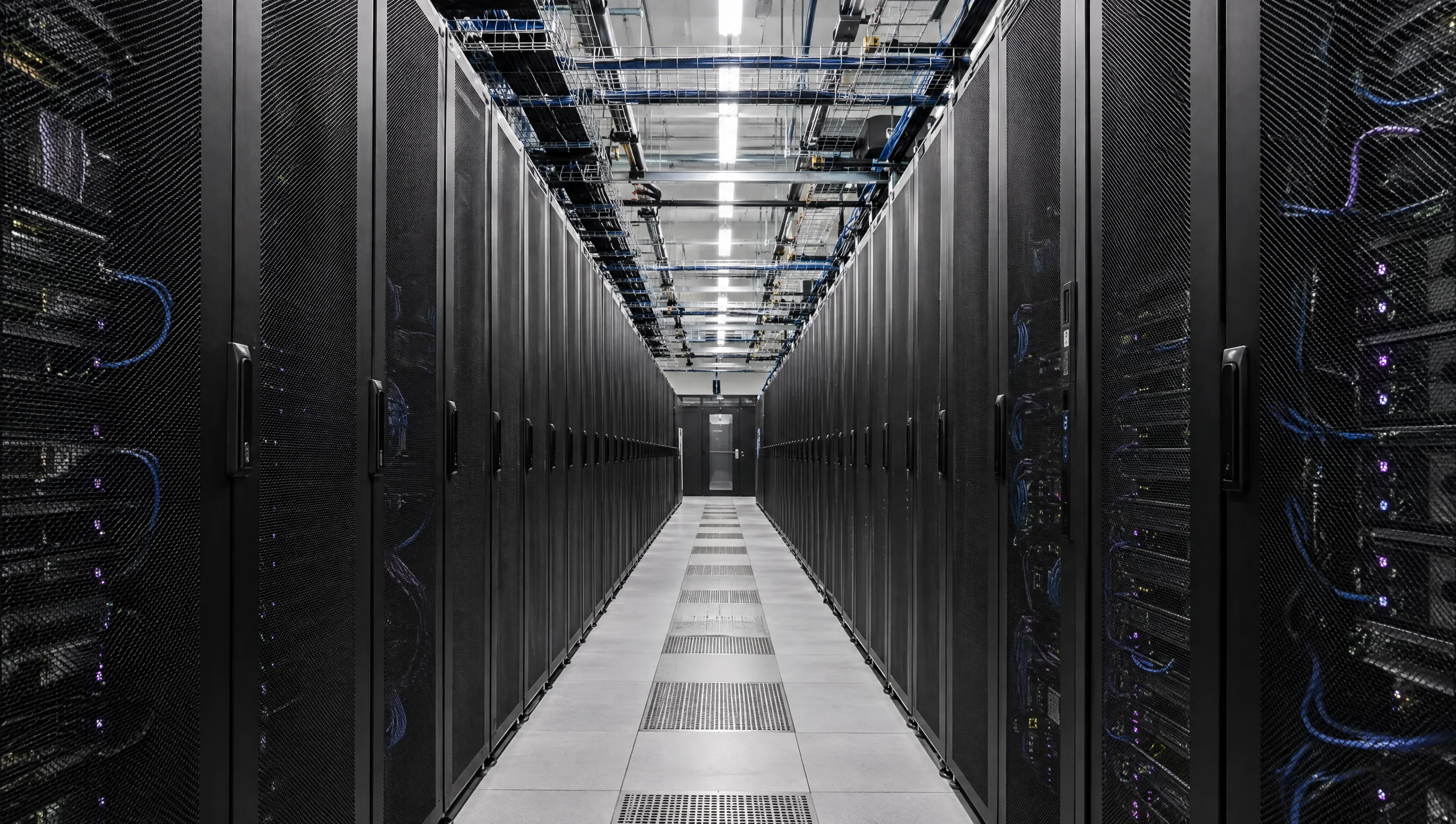 Illustrative photograph of a GPU data-center aisle with dense server cabinets and overhead cable trays