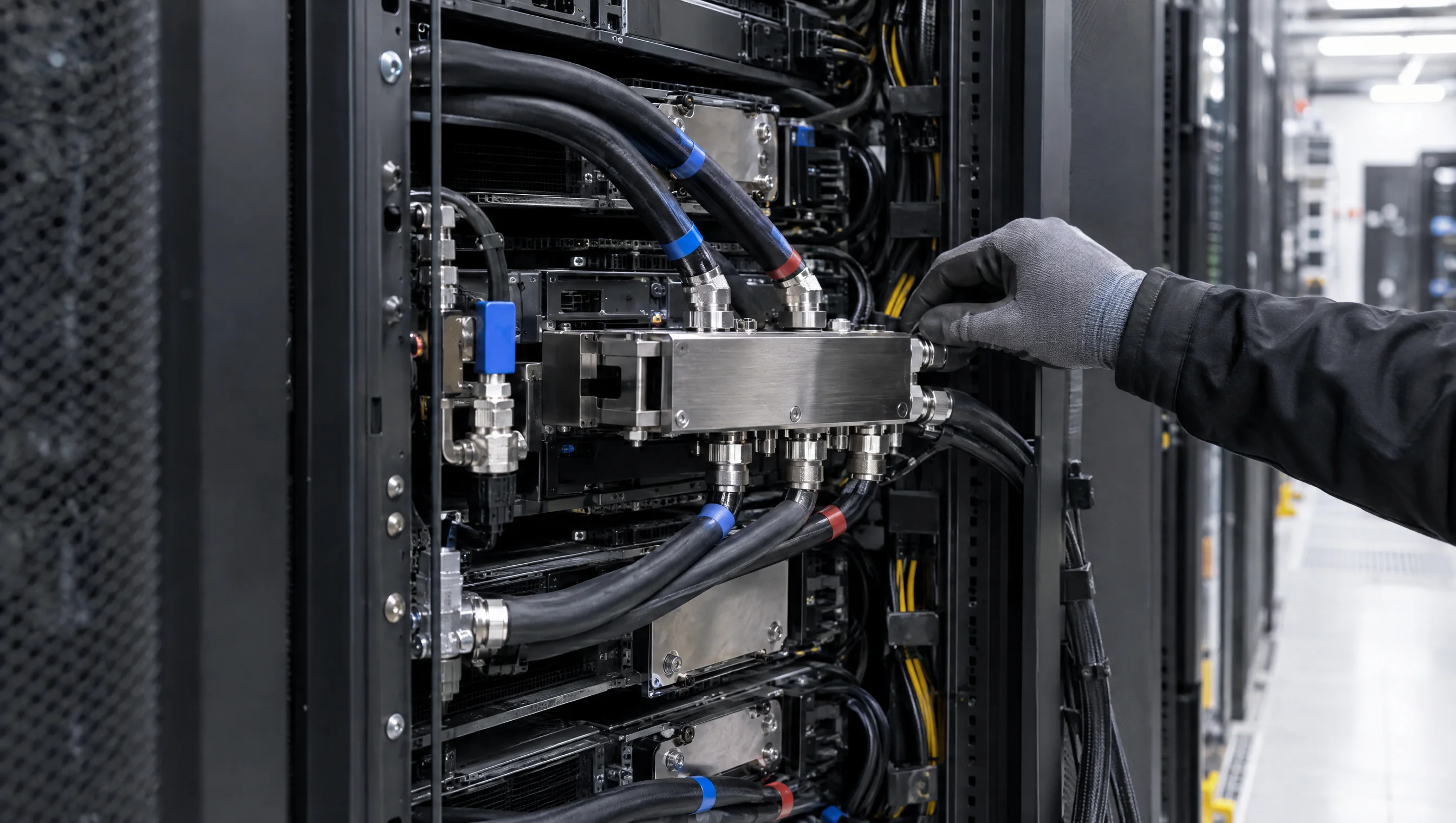 Illustrative close-up of a technician adjusting the liquid-cooling manifold and hoses on a GPU rack
