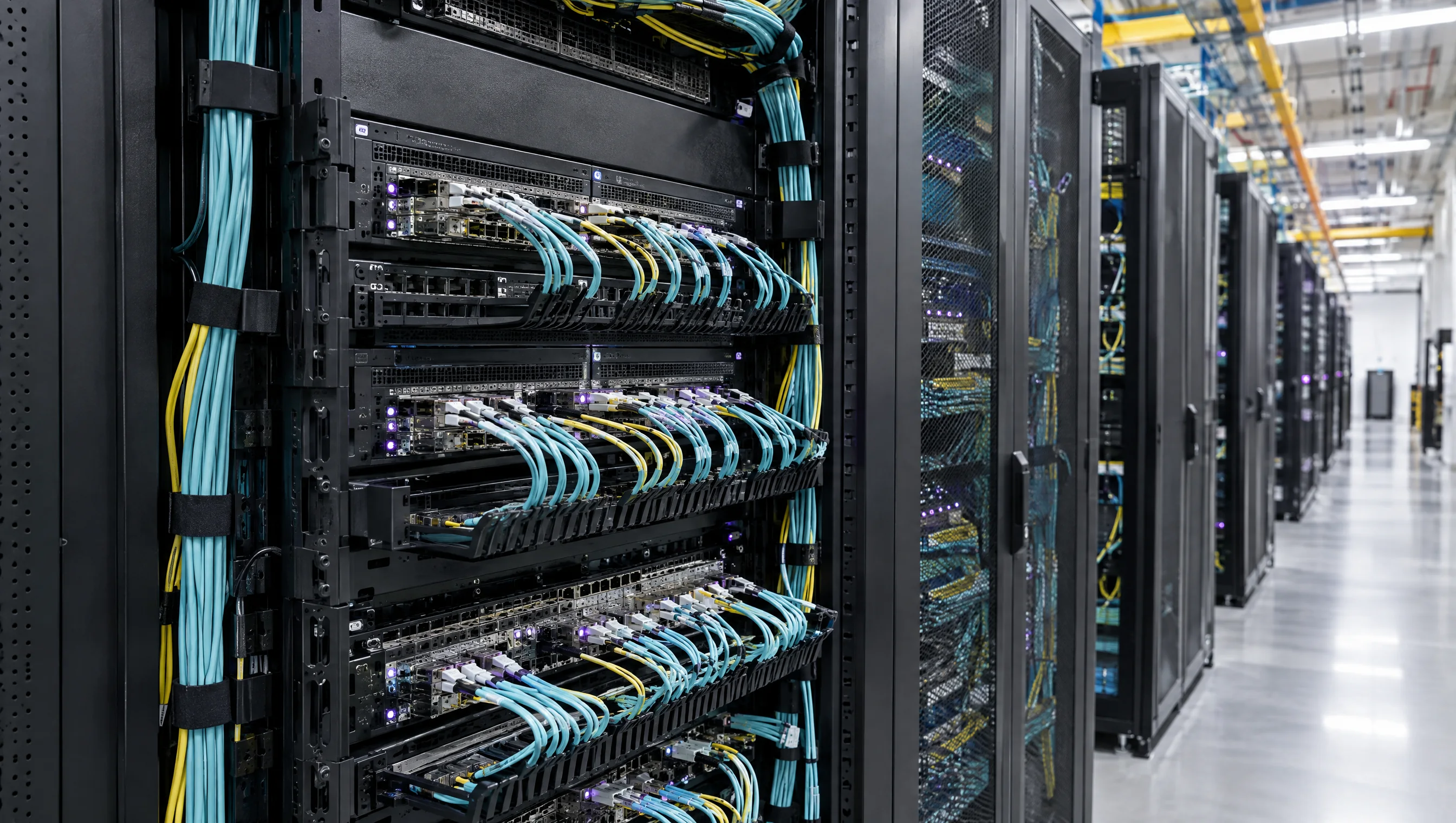 Illustrative photograph of organized optical cables and network switches inside an AI data center