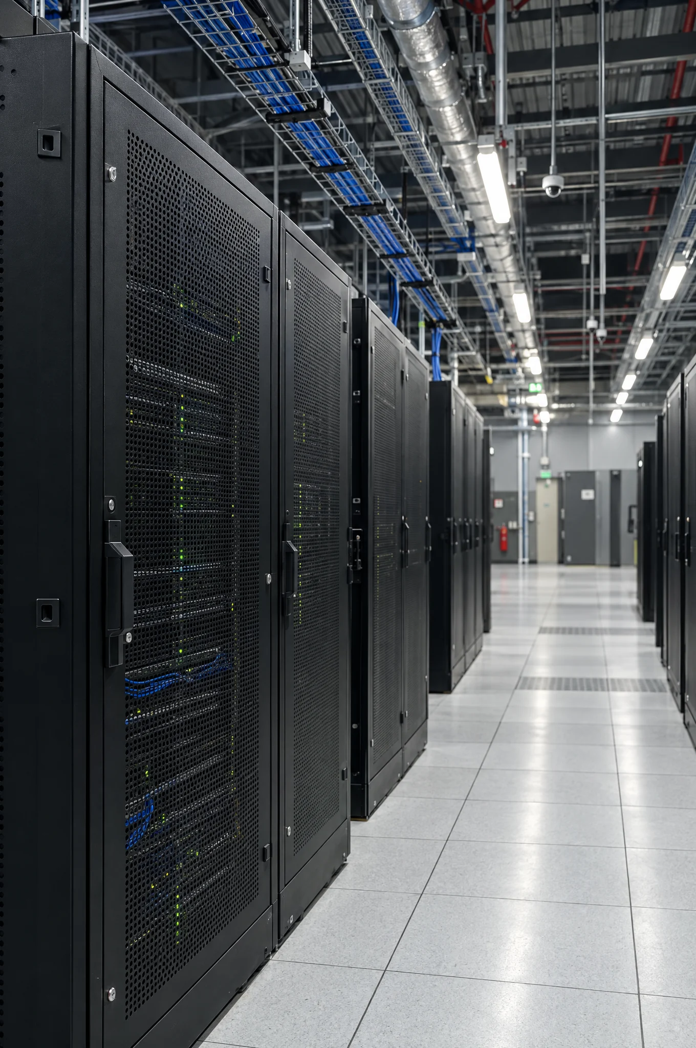 Representative photograph of GPU server racks, overhead cable trays, and cooling pipes in an operating data-center aisle