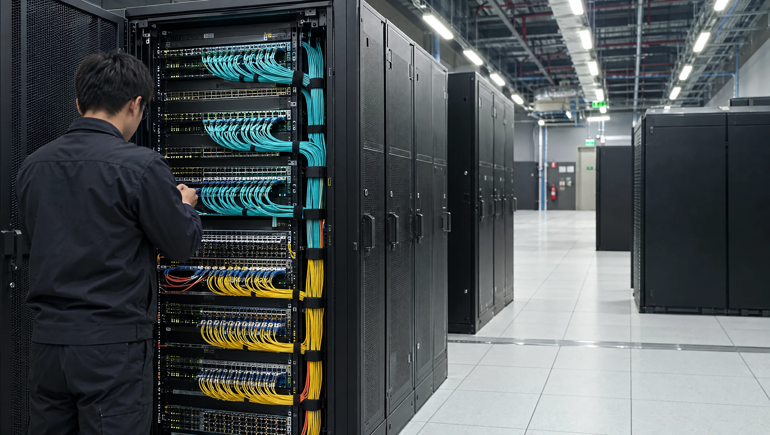 Data-center technician checking network connections beside a row of server racks.