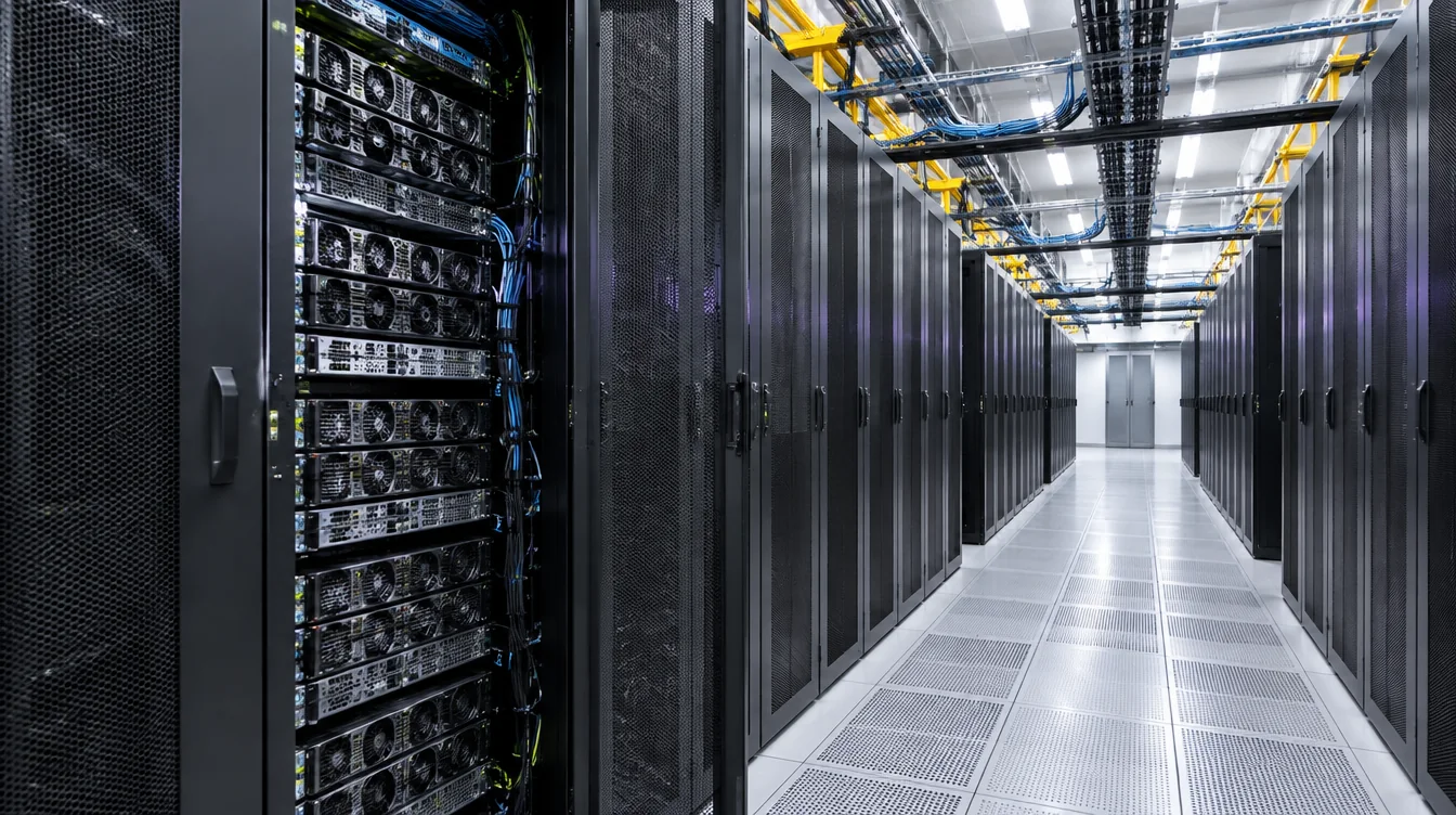 A real-looking data center aisle lined with dedicated GPU server cabinets and overhead cabling.