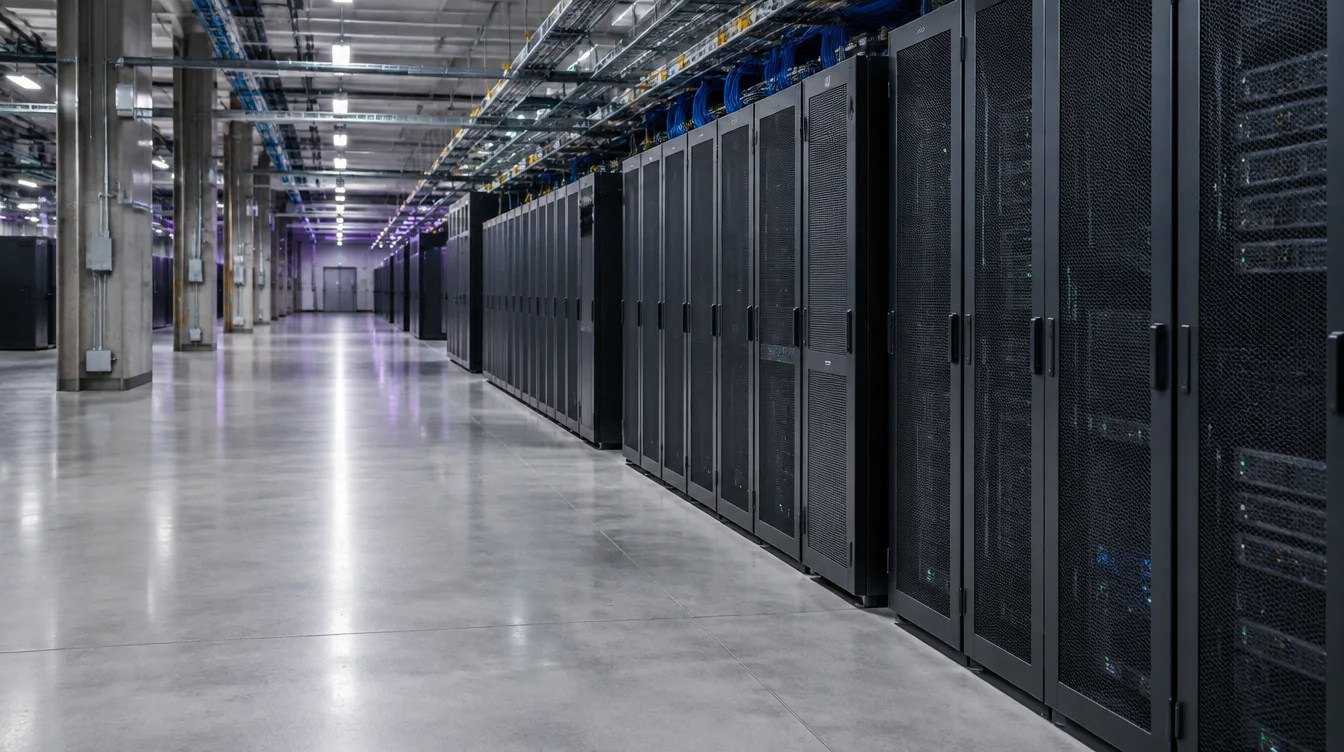 Racks oscuros de servidores GPU en un pasillo de centro de datos, con bandejas de cables en el techo